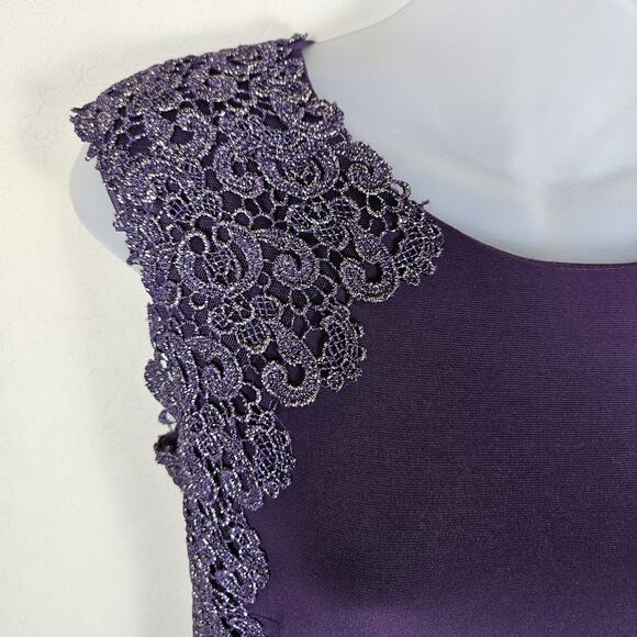 XSCAPE Purple Crochet Lace Column Gown Formal Dress 4 Sheer Stretch Event Party - Picture 6 of 16